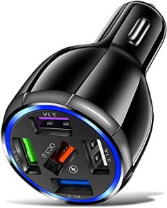 5-Port USB Car Charger, QC3.0 Fast Charging 5 USB Car Charger Adapter 15A Smart Shunt Car Phone Charger with Light